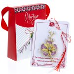 Broșă Mărțișor Gentuță - Floare Aurie cu Petale Mov