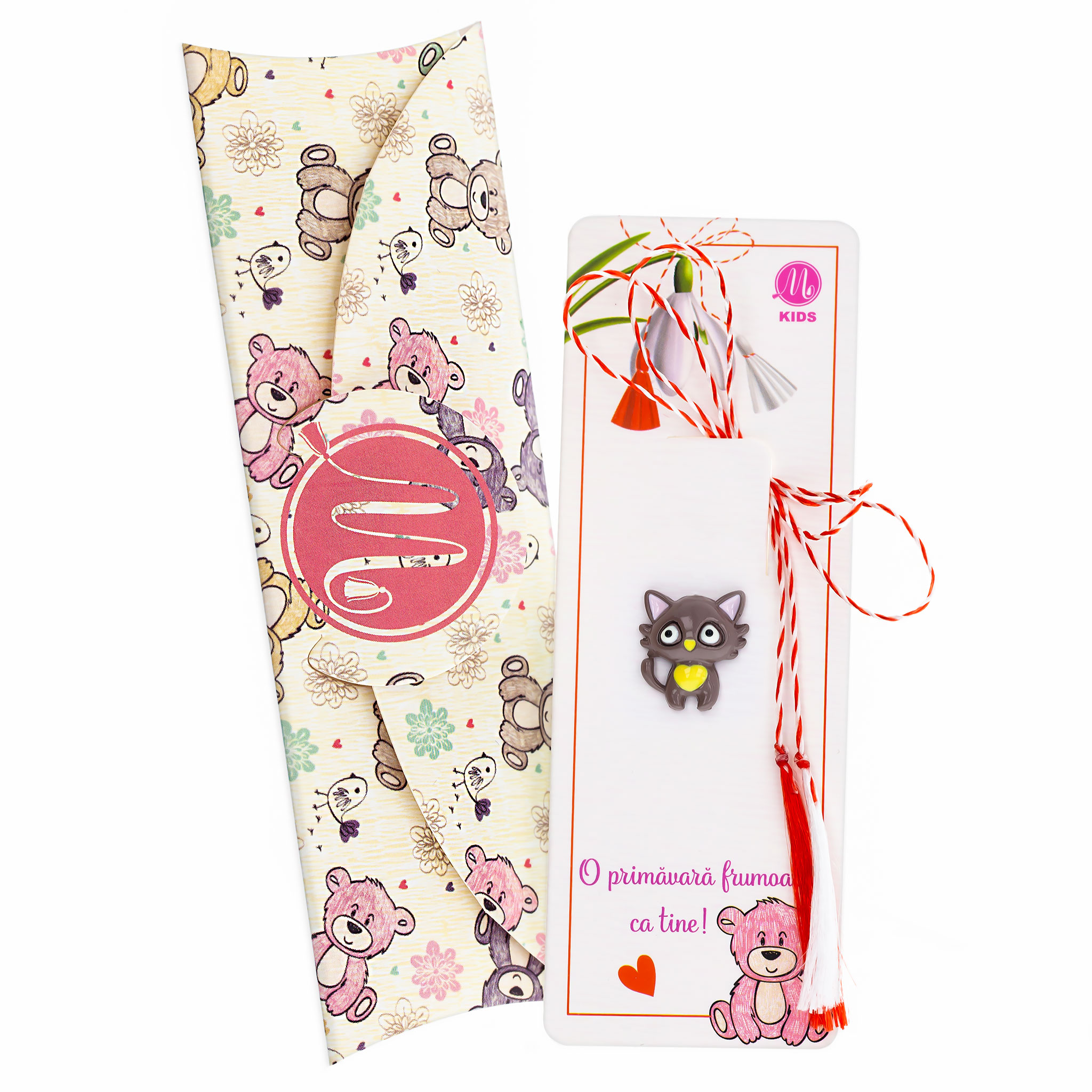 Joy-005 Broșă Pin Mărțișor Copii - Pisicuță Maro cu Inimioară - imagine 1