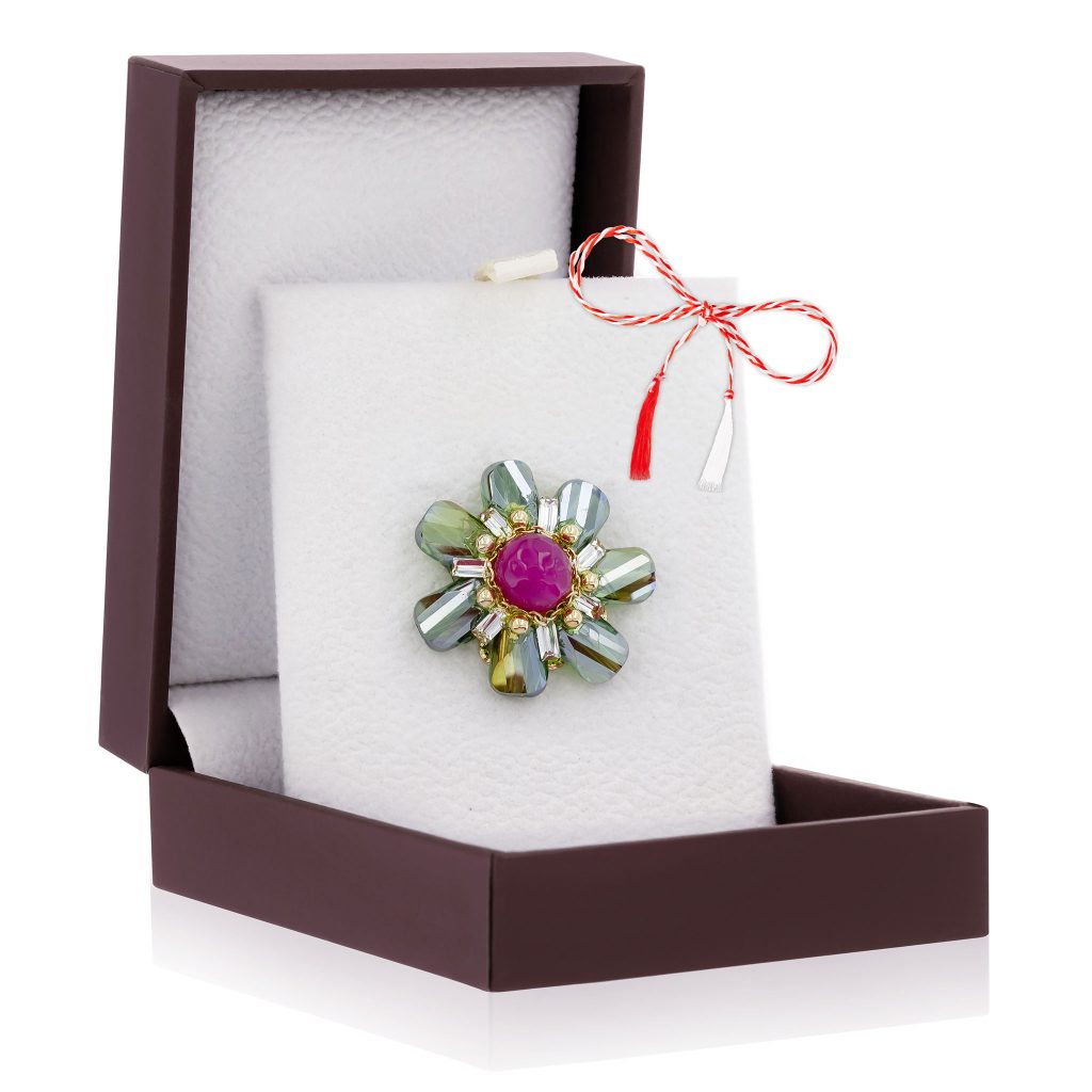 Broșă Pin Premium Gold Plated - Floare Cu Petale Verzi Hand-Made ...