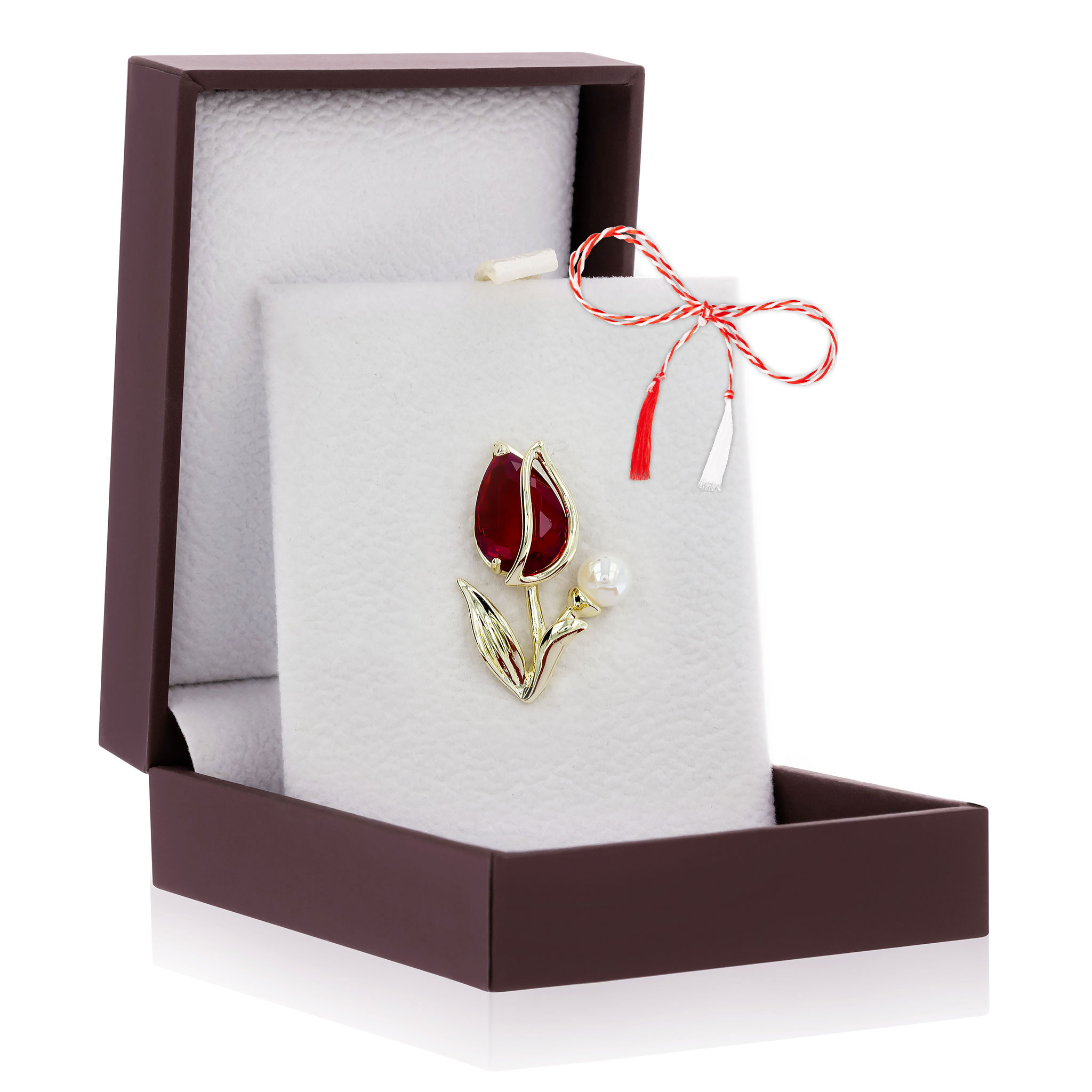 PIN-168 Broșă Pin Premium Gold Plated - Lalea cu Piatră Roșie - imagine 1