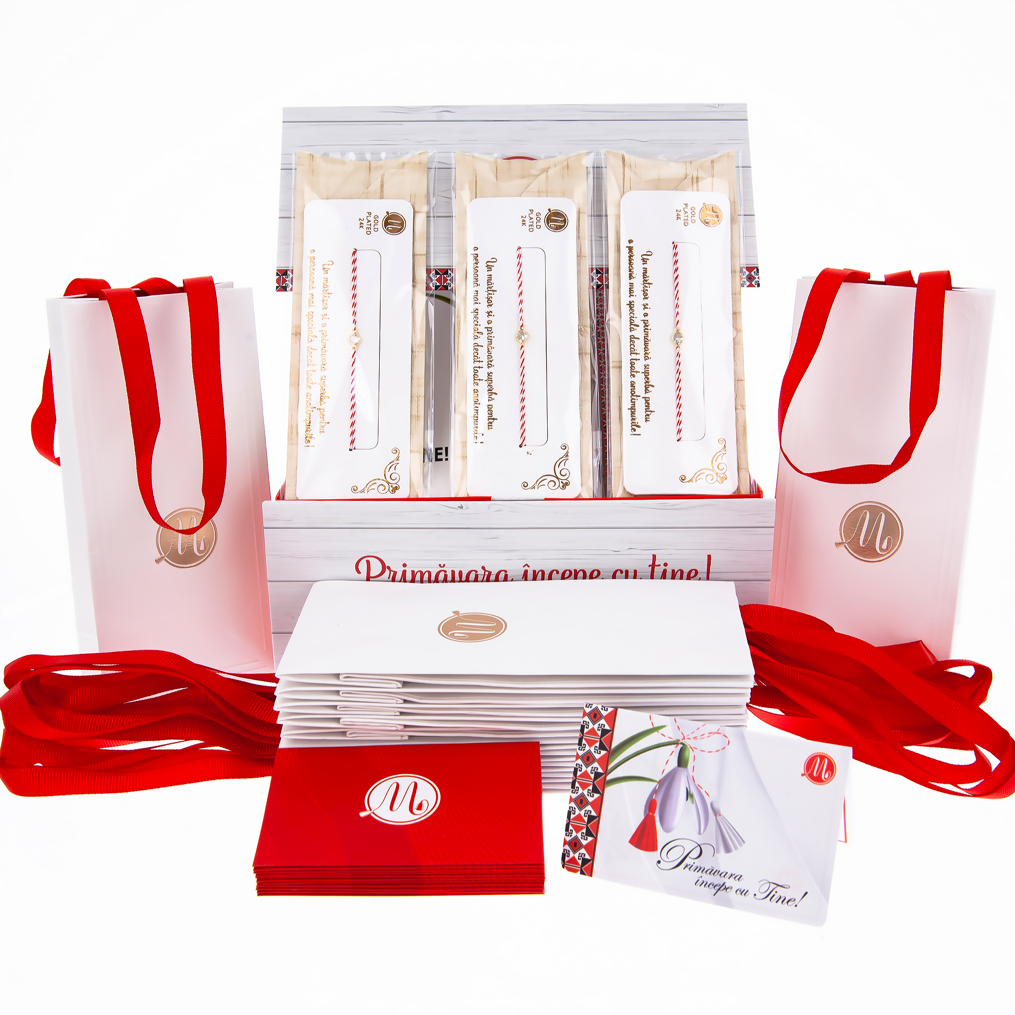 BOX-027-BRATARA-CRISTAL-WHITE-RED-white Box Mărțișoare 12 buc. - Brățară Alb-Roșu Gold Plated - Cristal White - imagine 1