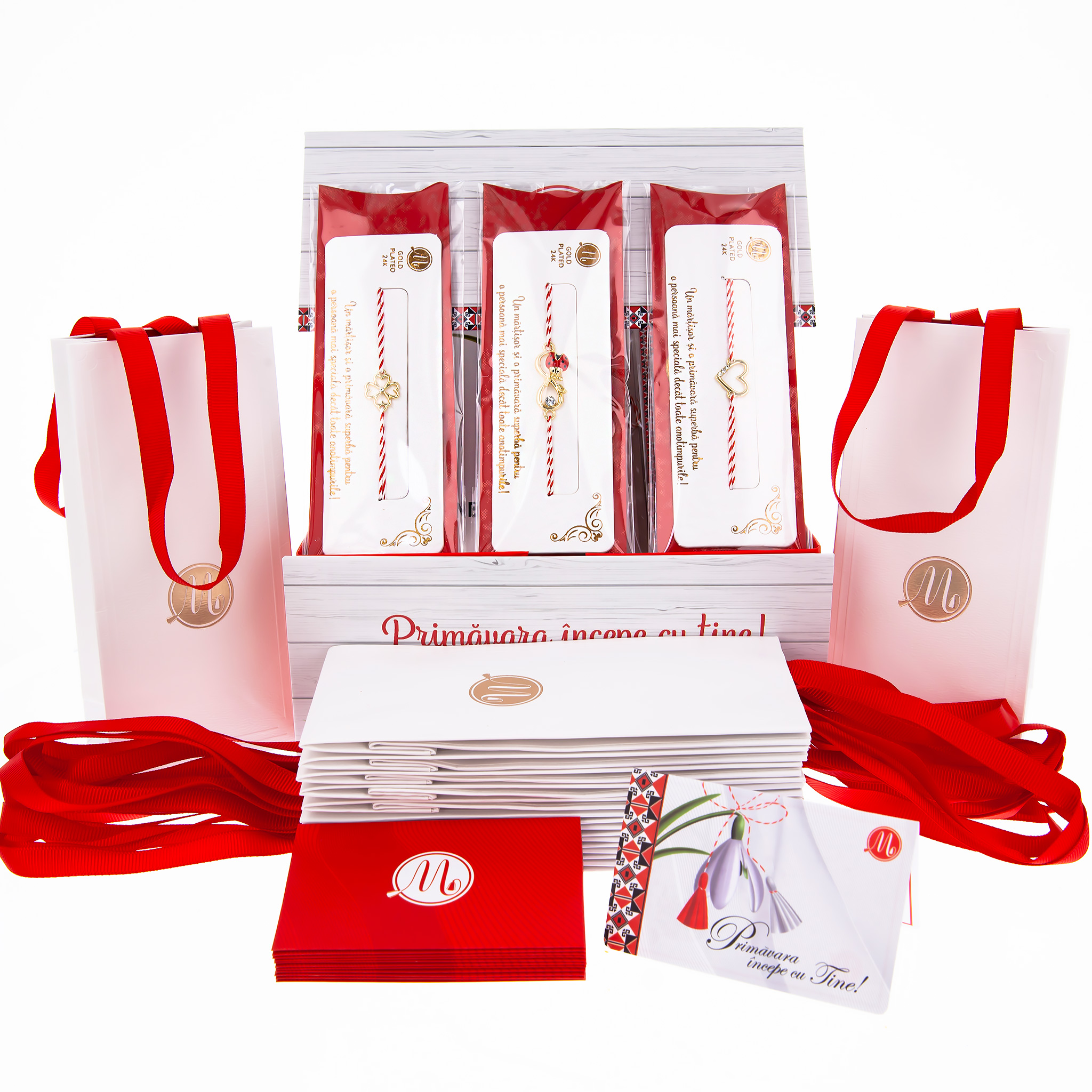 BOX-032-BRATARA-ALPHA-RED-WHITE Box Mărțișoare 12 buc. - Brățară Alb-Roșu Gold Plated Alpha - imagine 1
