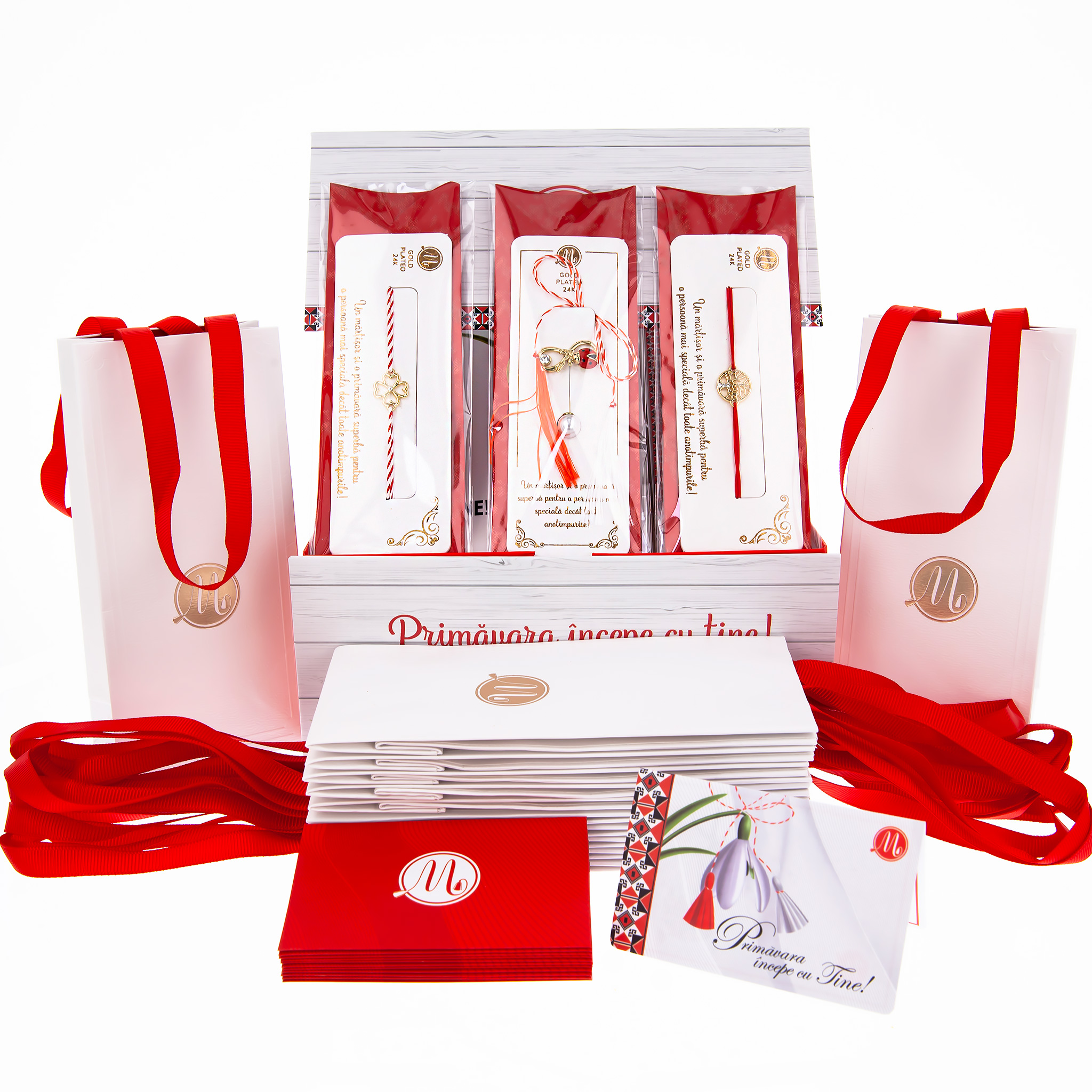 BOX-035-BRATARA-ALPHA-R-W-SI-BROSA-ALPHA Box Mărțișoare 12 buc. - Broșă-Brățară Red, Alb-Roșu Gold Plated Alpha - imagine 1